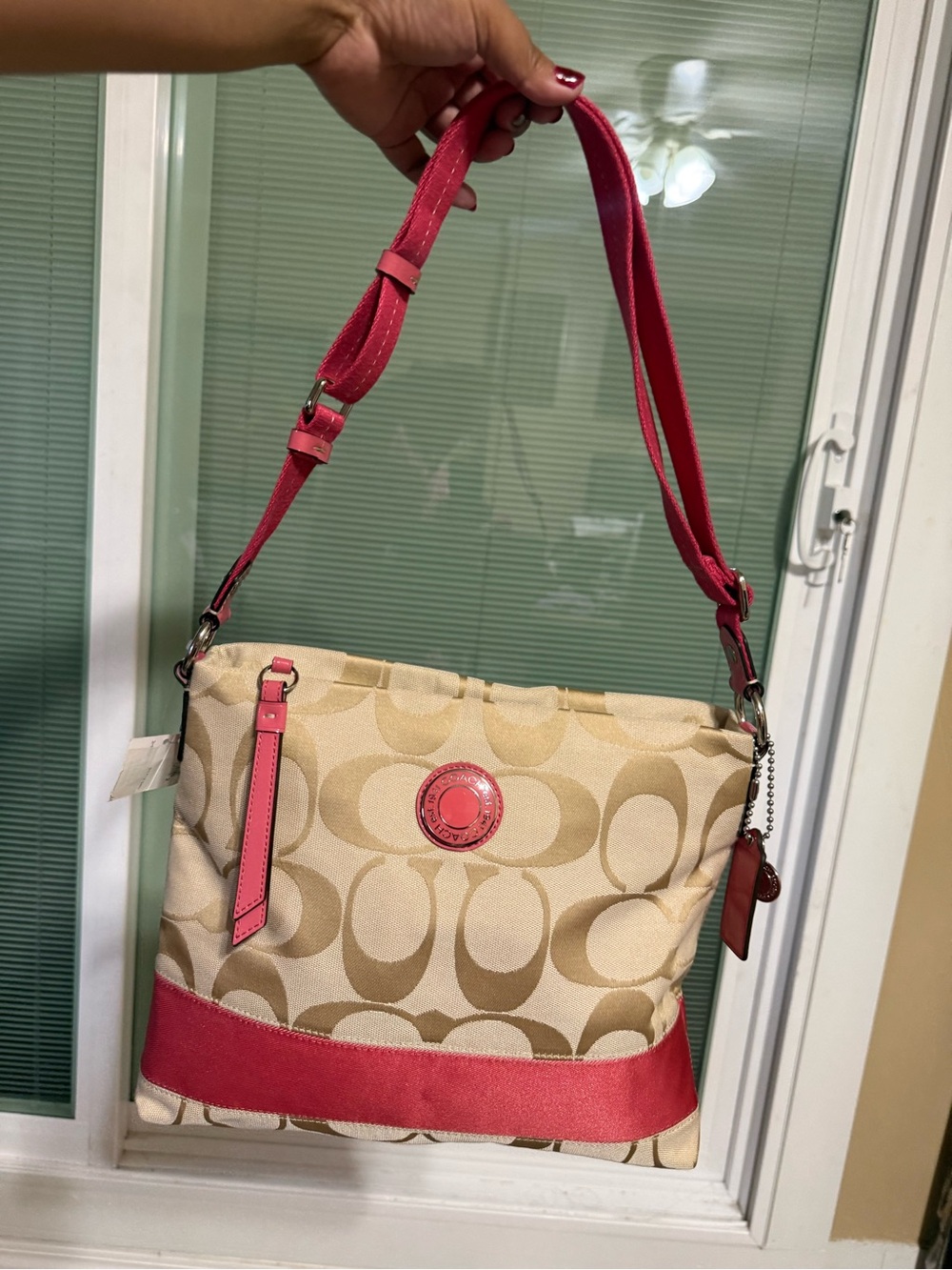 Canvas Shoulder Bag with Pink Accent